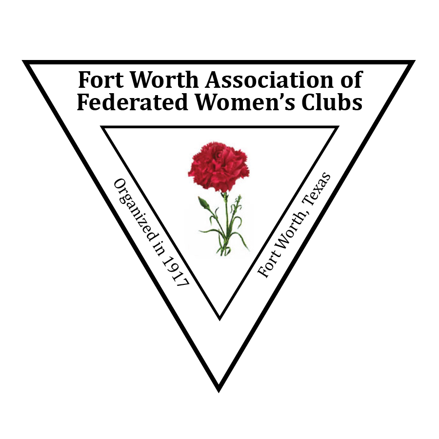 Fort Worth Association of Federated Women's Clubs Logo: This logo consists of a black and white triangle pointing downwards, with a red rose at its center. Above the rose, it reads "Organized in 1917," and below the rose, "Fort Worth Texas."