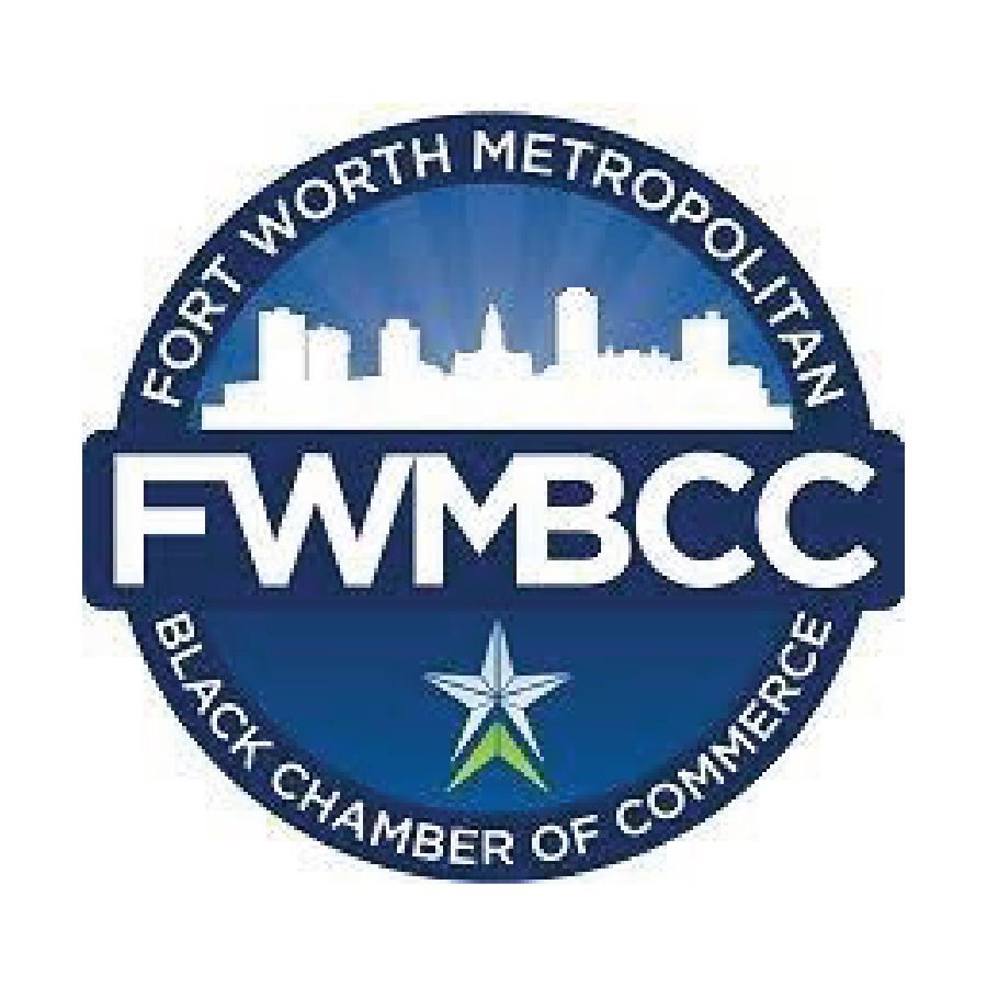 Fort Worth Metropolitan Black Chamber of Commerce Logo: The logo is circular with a blue background featuring the Fort Worth city skyline in white. Above the skyline, the text reads "Fort Worth Metropolitan," and below, "Black Chamber of Commerce," with a white star symbol in the center bottom.