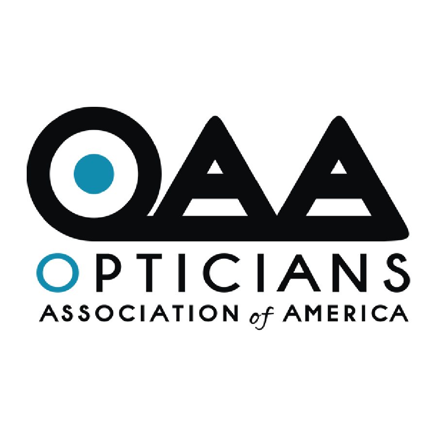 Opticians Association of America Logo: A clean, professional logo with "OAA Opticians Association of America" in black letters, underlined by a blue swoosh that forms a circle around a stylized blue and white eye symbol.