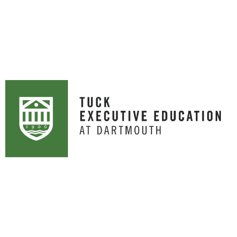 Tuck Executive Education at Dartmouth Logo: The logo features Dartmouth’s traditional green shield with a white band across the center bearing the inscription "1900" flanked by two olive branches, above which "TUCK EXECUTIVE EDUCATION AT DARTMOUTH" is printed in white.