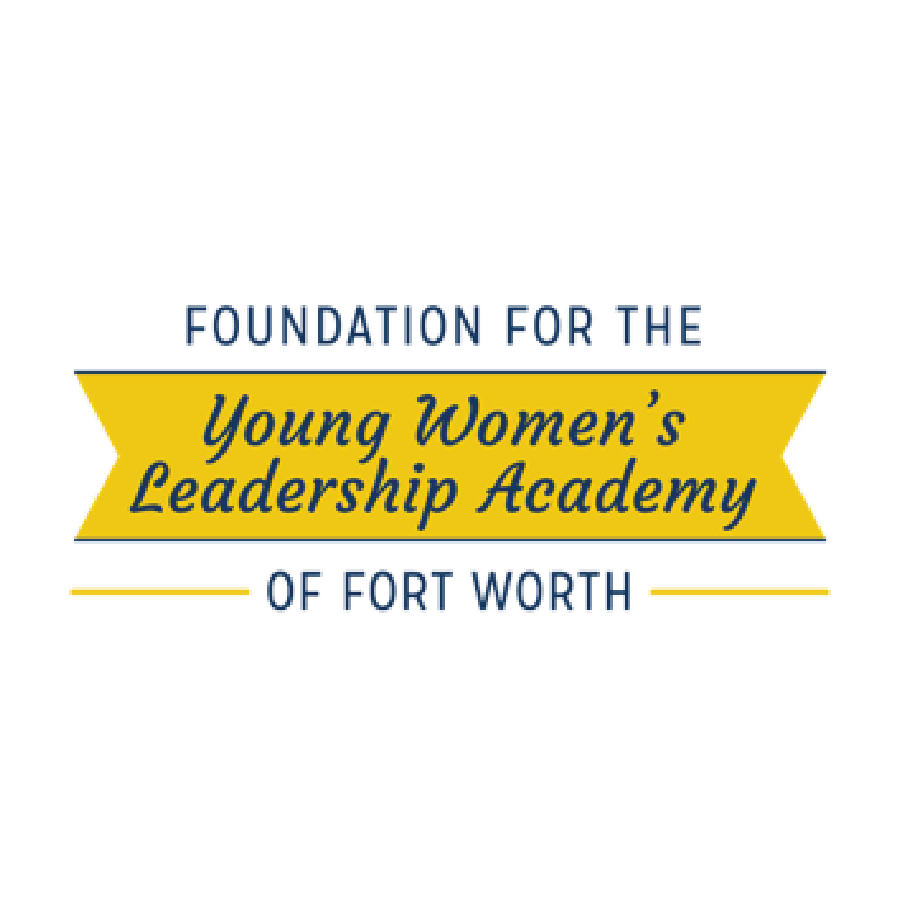 Foundation for the Young Women's Leadership Academy of Fort Worth Logo: A vibrant yellow banner with blue outline hosts the organization’s name, emphasizing its dedication to the leadership development of young women in Fort Worth.