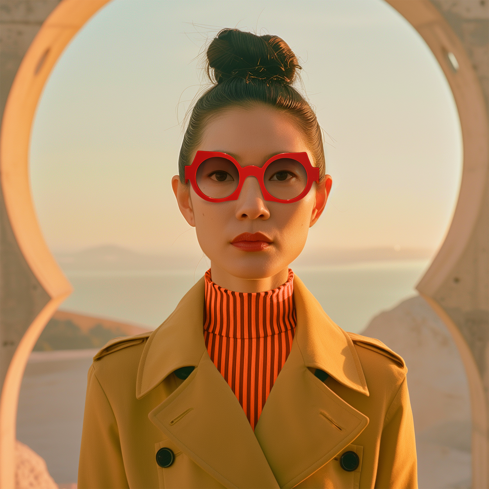 A striking portrait of a young Asian woman wearing bold red eyeglasses, styled with an elegant high bun and dressed in a chic, mustard-yellow trench coat over an orange turtleneck. The background features a serene seascape and a large, circular architectural element framing her from behind, bathed in a warm, golden-hour light.