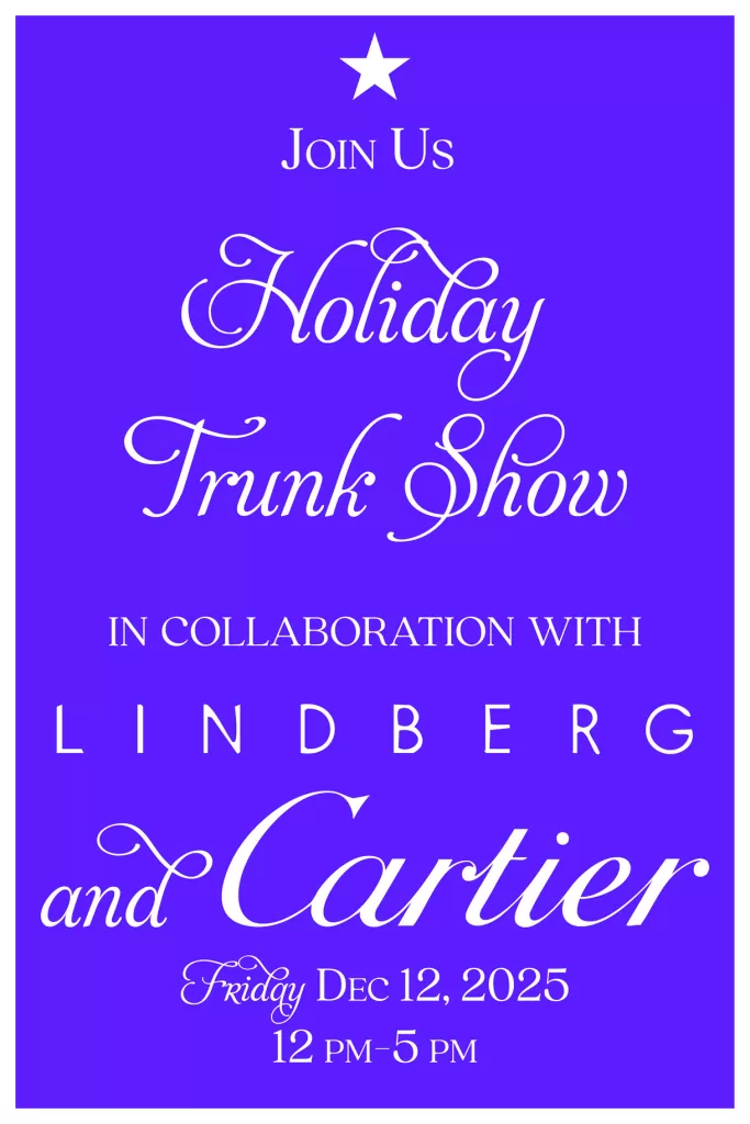 December 2025 Holiday Trunk Show sign with Lindberg and Cartier eyewear