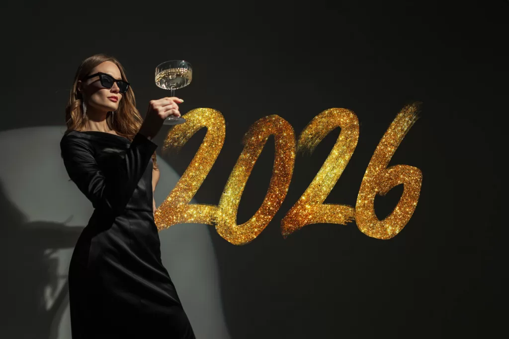 Elegant young woman in a black dress and luxury sunglasses holding a champagne glass to celebrate 2026